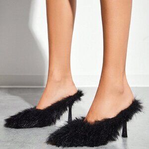 Black Trendy Sexy Stilettos Pointy Toe Faux Fur High Heel Pumps